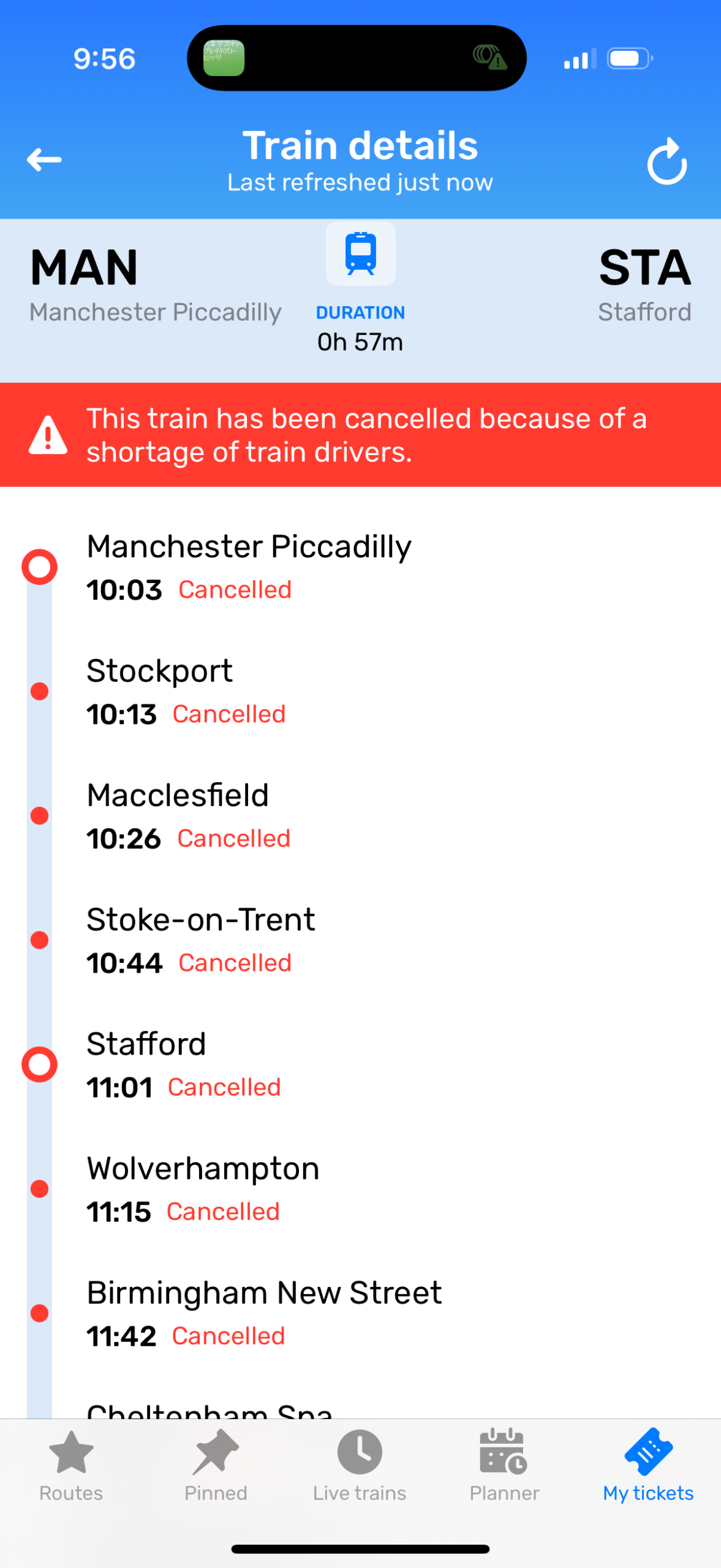 イギリス鉄道の運休画面
